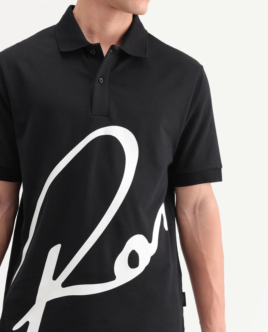 Rare Rabbit Men's Jefra Black Cotton Blend Regular Fit Half Sleeves Graphic Print Polo