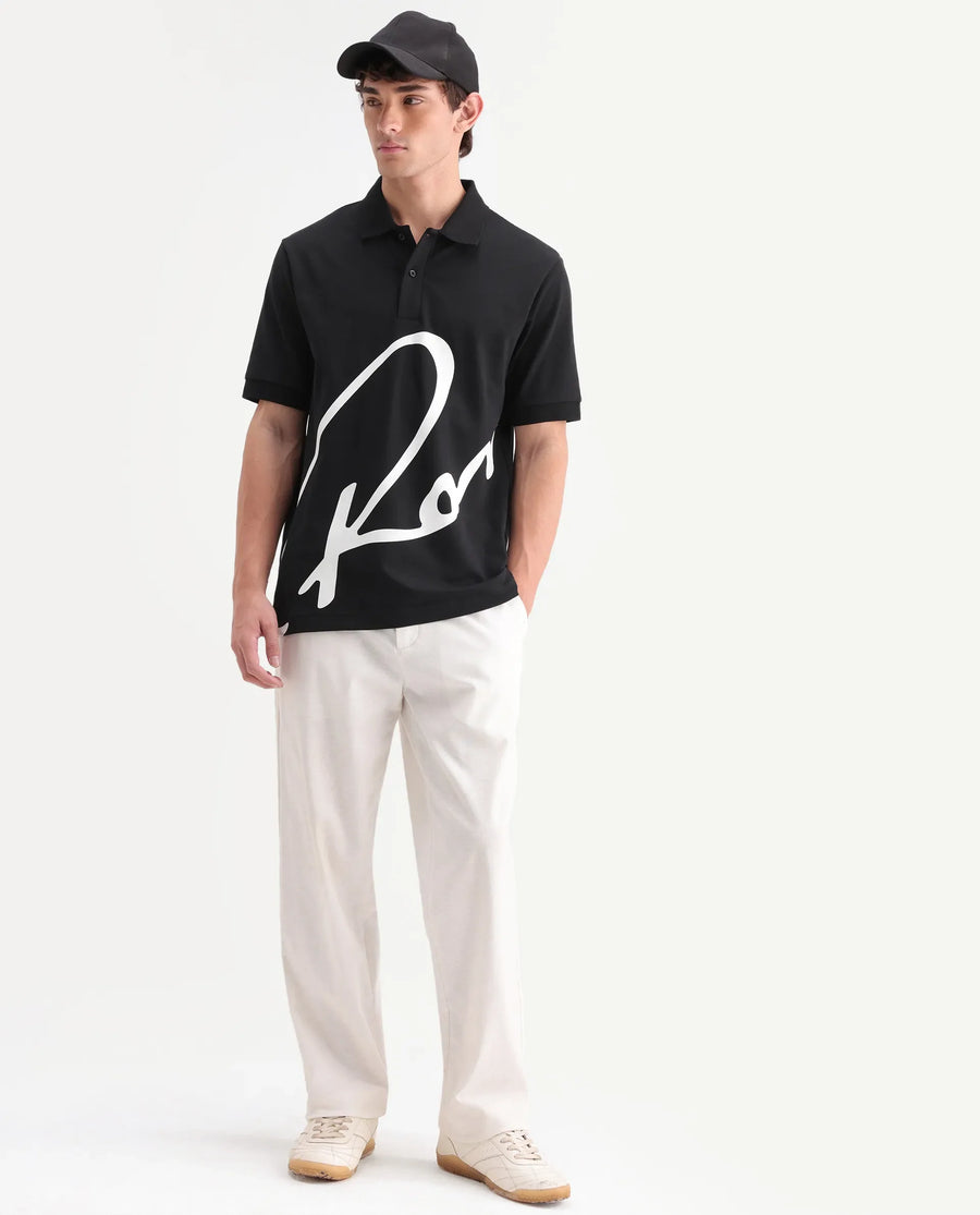 Rare Rabbit Men's Jefra Black Cotton Blend Regular Fit Half Sleeves Graphic Print Polo