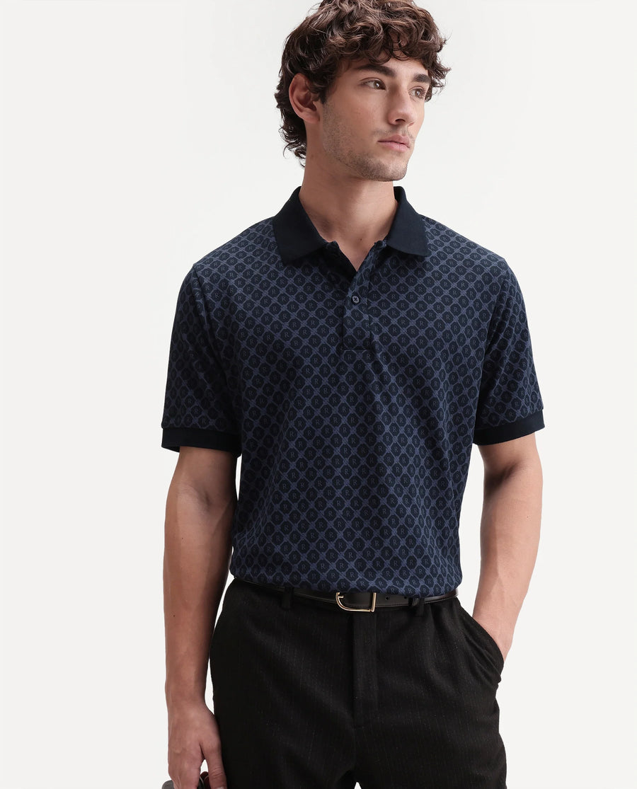 Rare Rabbit Men's Post-P Navy Cotton Blend Spread Collar Regular Monogram Print Polo
