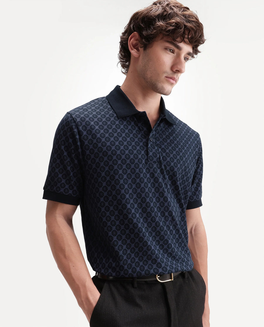 Rare Rabbit Men's Post-P Navy Cotton Blend Spread Collar Regular Monogram Print Polo