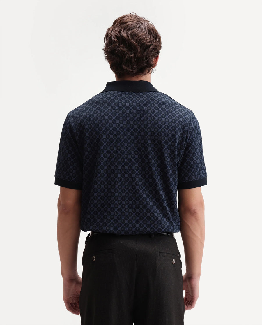 Rare Rabbit Men's Post-P Navy Cotton Blend Spread Collar Regular Monogram Print Polo