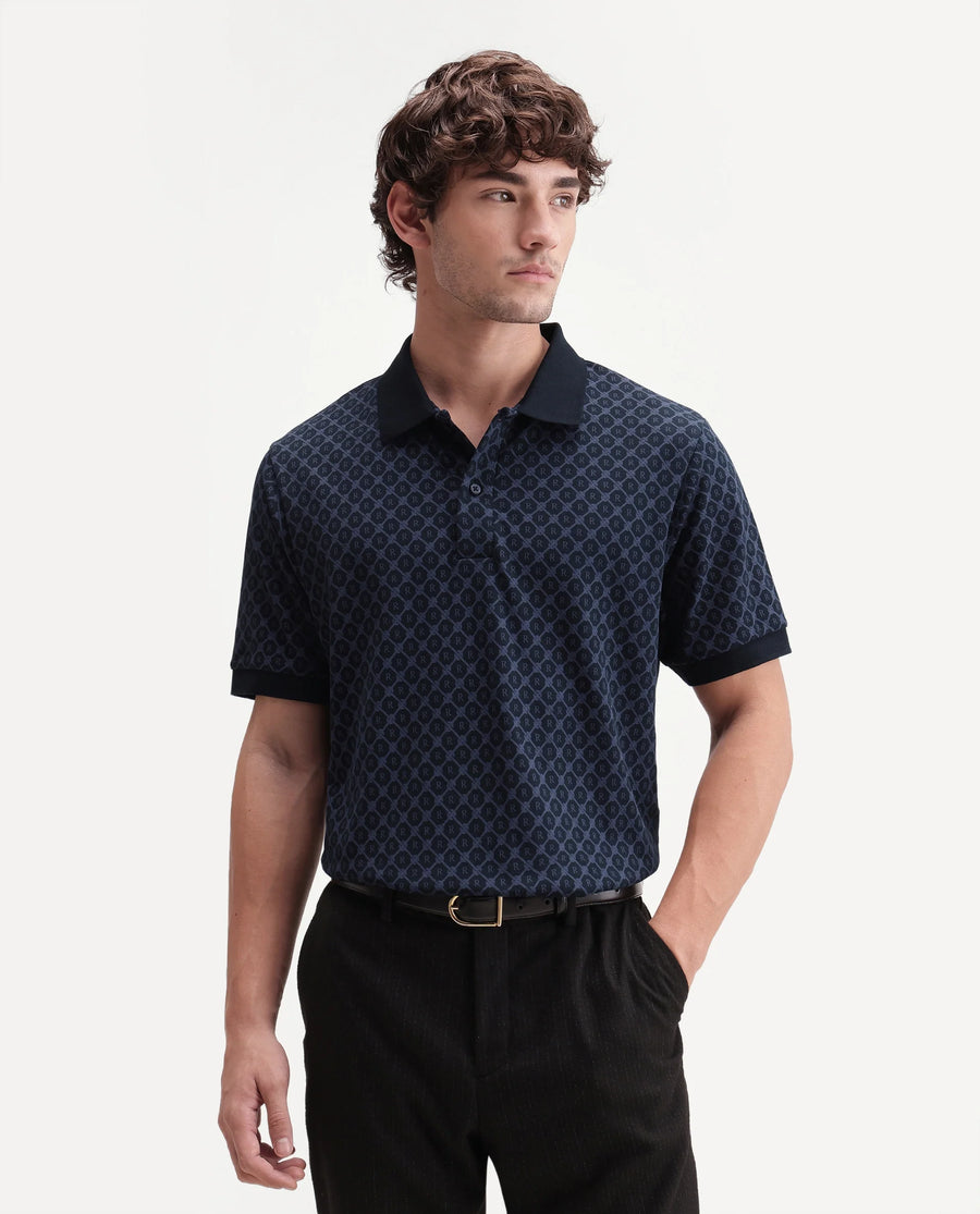 Rare Rabbit Men's Post-P Navy Cotton Blend Spread Collar Regular Monogram Print Polo