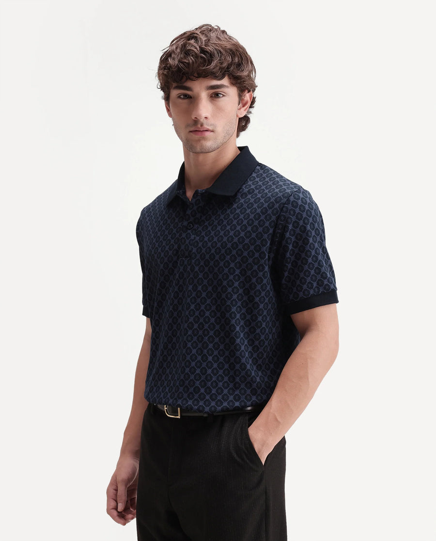 Rare Rabbit Men's Post-P Navy Cotton Blend Spread Collar Regular Monogram Print Polo