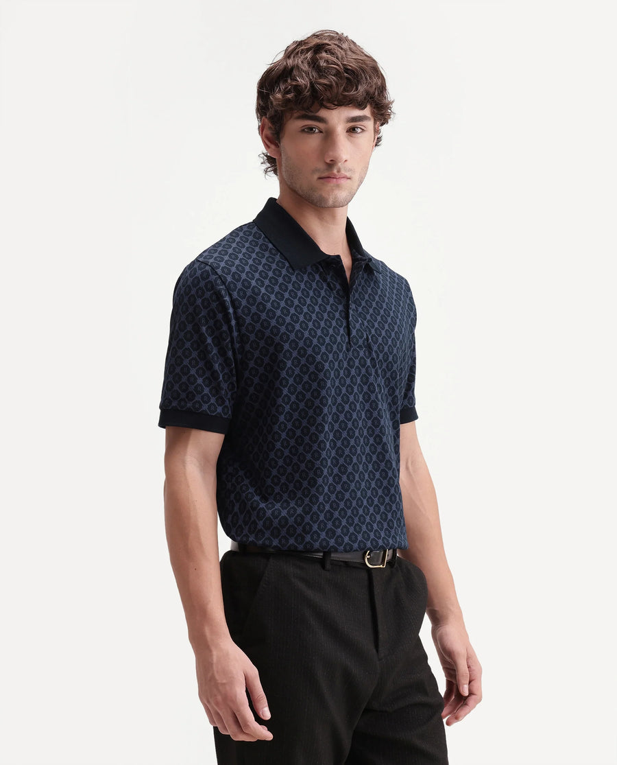 Rare Rabbit Men's Post-P Navy Cotton Blend Spread Collar Regular Monogram Print Polo