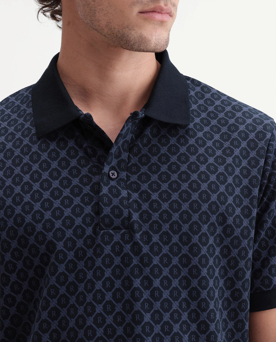 Rare Rabbit Men's Post-P Navy Cotton Blend Spread Collar Regular Monogram Print Polo