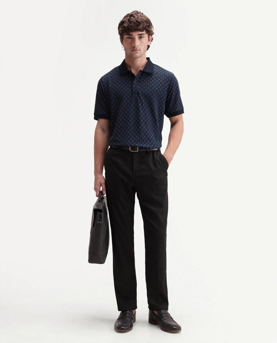 Rare Rabbit Men's Post-P Navy Cotton Blend Spread Collar Regular Monogram Print Polo