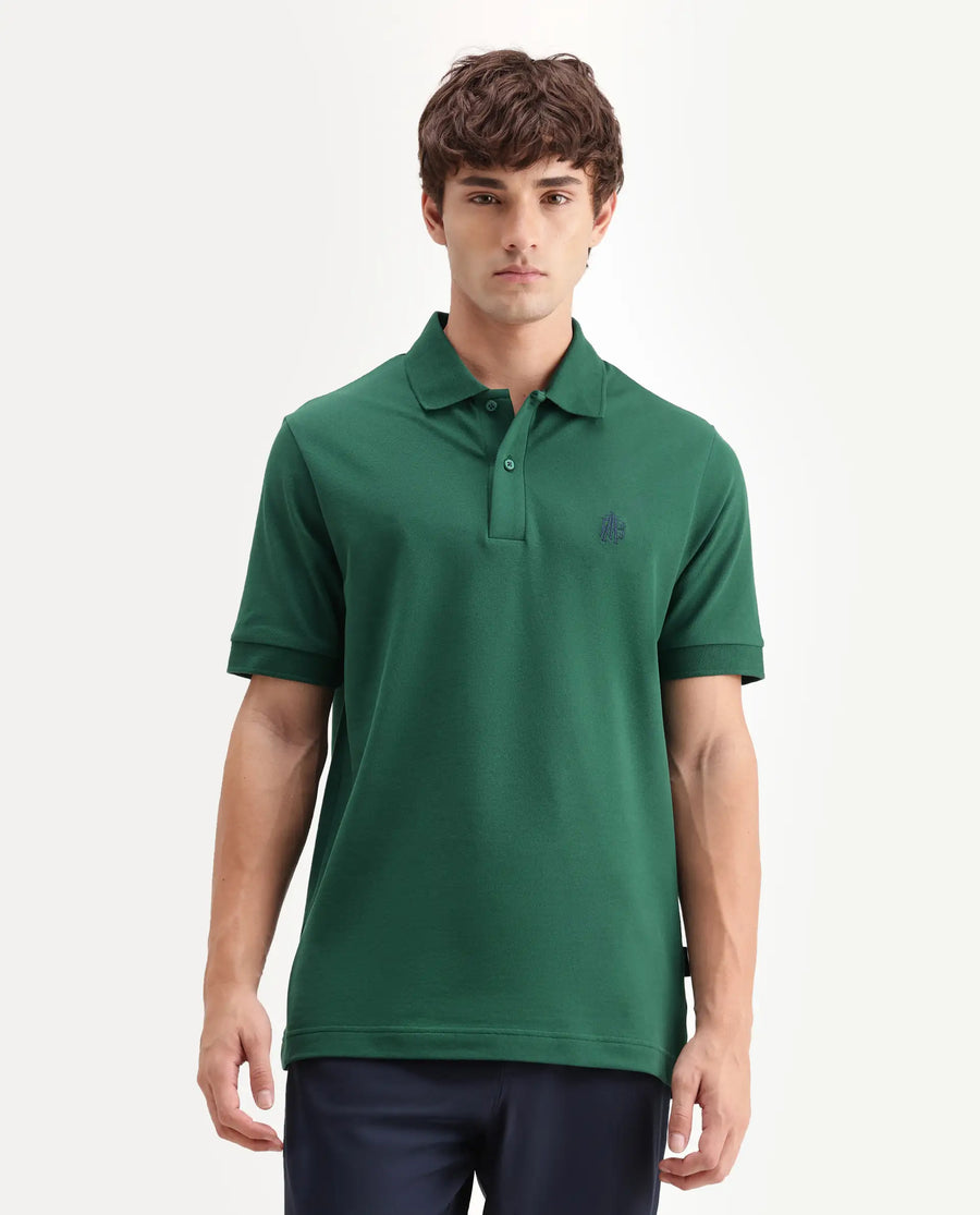 Rare Rabbit Men's Walp Green Cotton Blend Spread Collar Regular Plain Polo