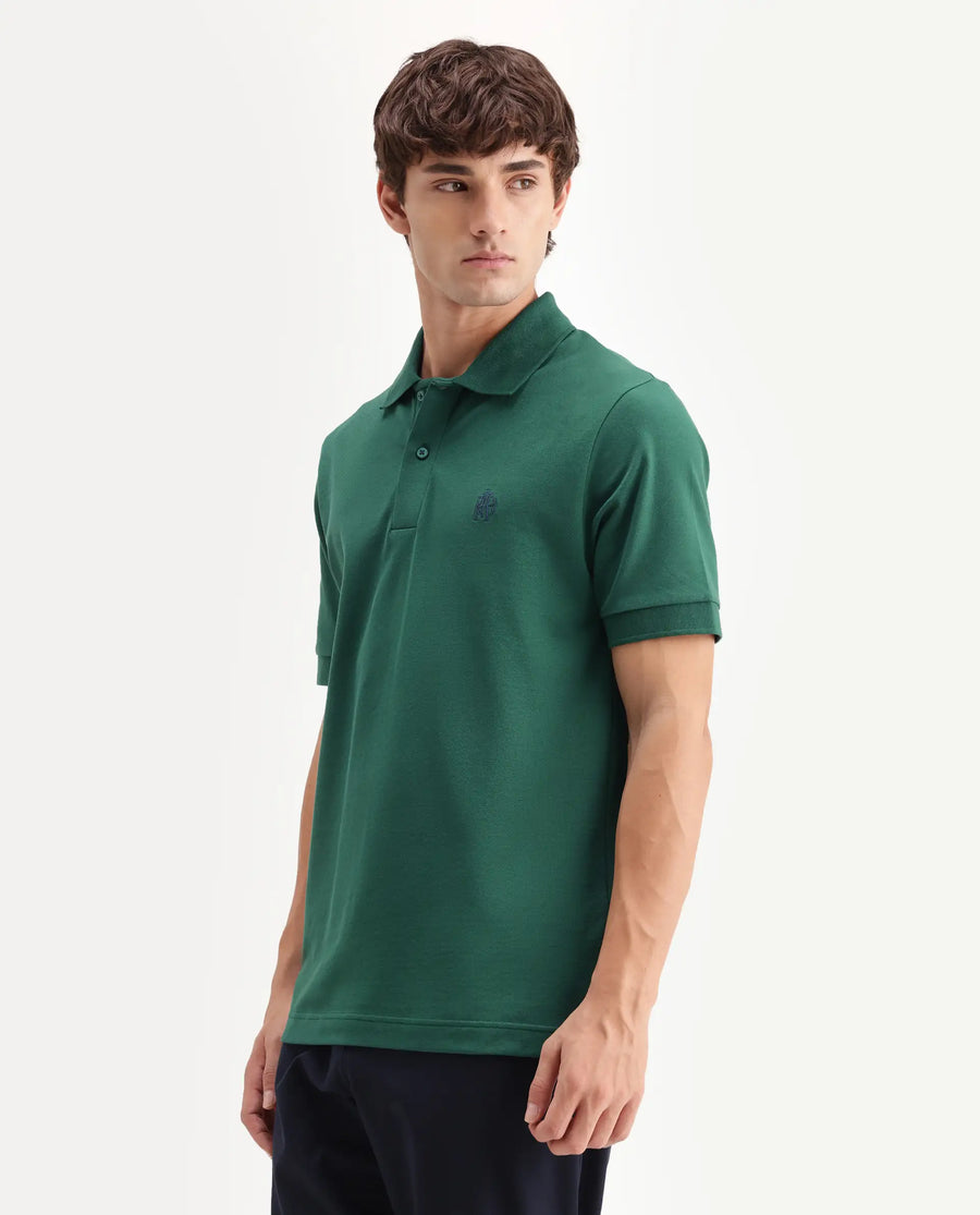 Rare Rabbit Men's Walp Green Cotton Blend Spread Collar Regular Plain Polo