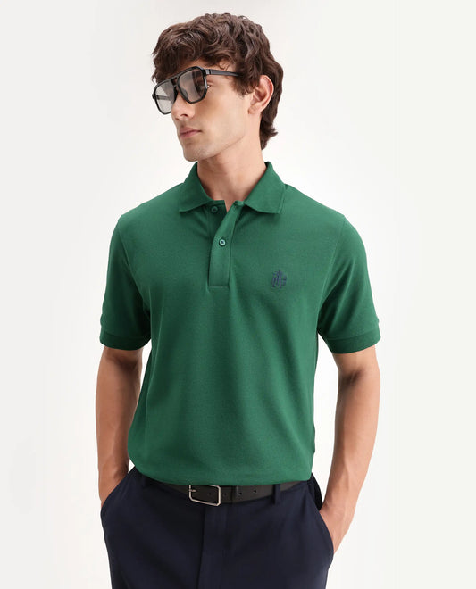 Rare Rabbit Men's Walp Green Cotton Blend Spread Collar Regular Plain Polo