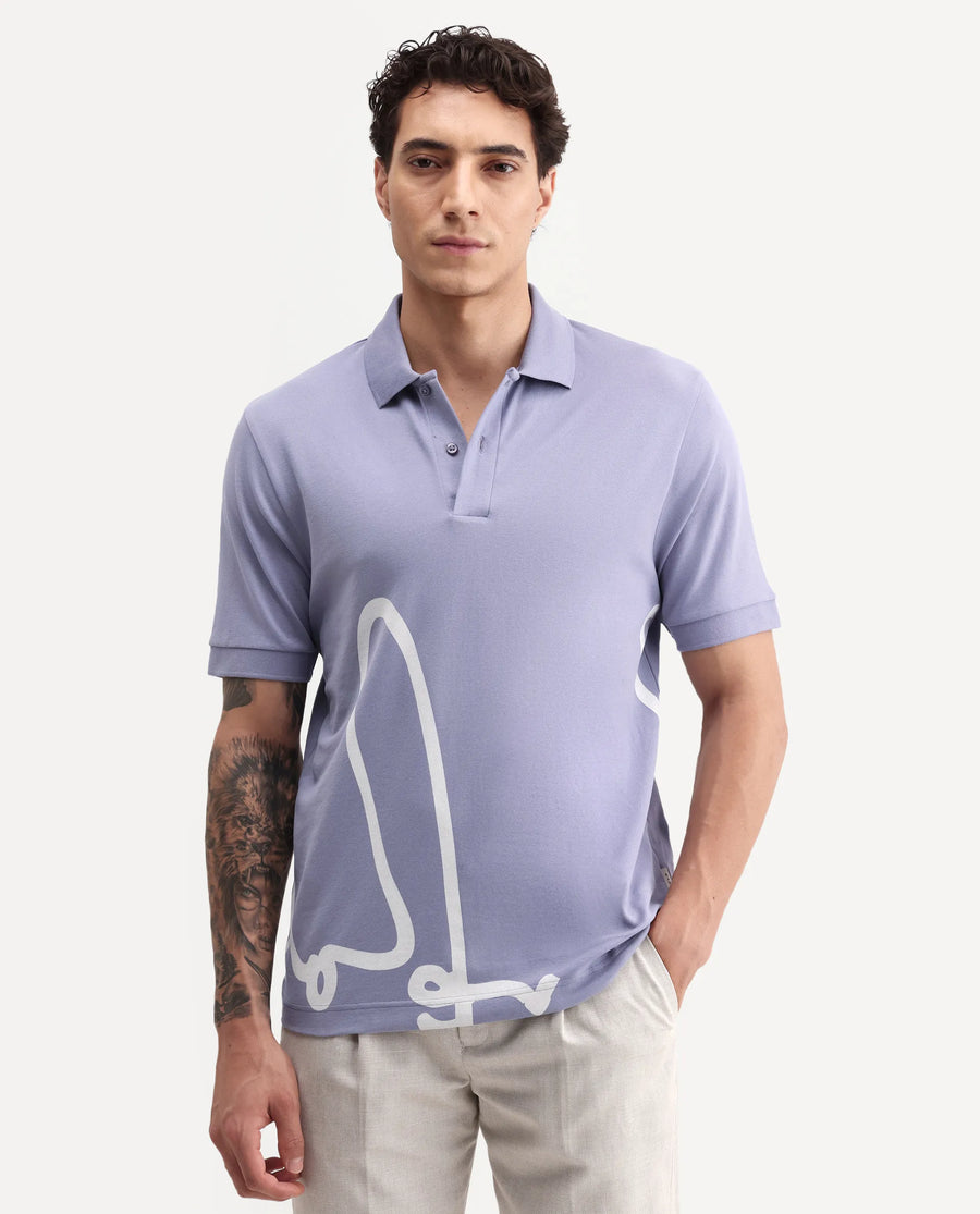 Rare Rabbit Men's Jefra-1 Dusky Purple Cotton Blend Regular Fit Half Sleeves Graphic Print Polo