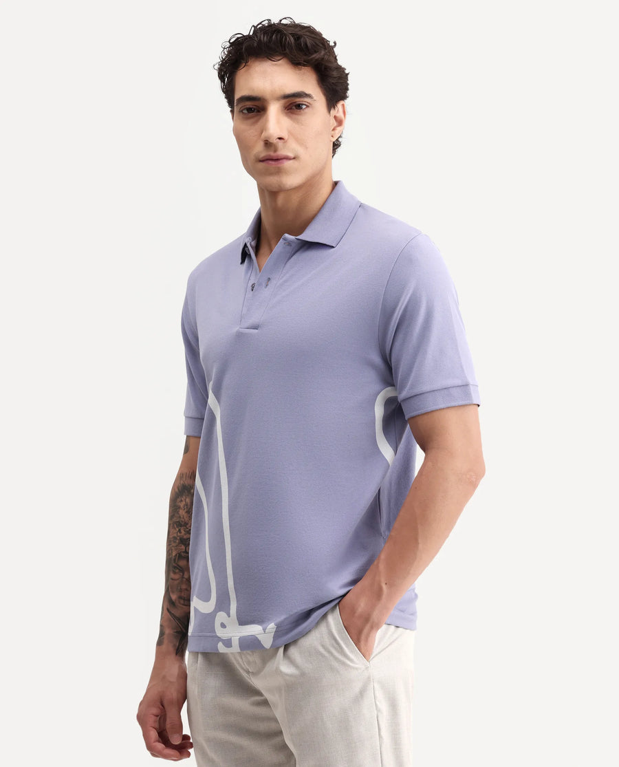 Rare Rabbit Men's Jefra-1 Dusky Purple Cotton Blend Regular Fit Half Sleeves Graphic Print Polo