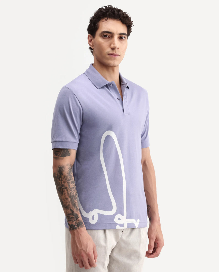 Rare Rabbit Men's Jefra-1 Dusky Purple Cotton Blend Regular Fit Half Sleeves Graphic Print Polo