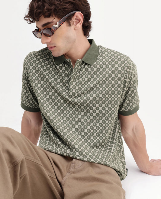 Rare Rabbit Men's Post-P Olive Cotton Blend Spread Collar Regular Monogram Print Polo