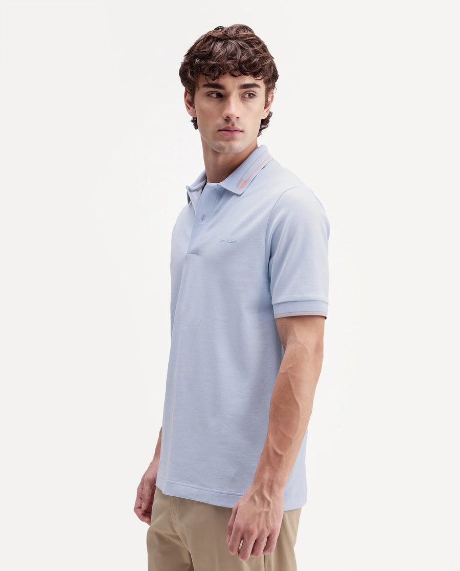 Rare Rabbit Men's Elank Light Blue Cotton Blend Spread Collar Regular Plain Polo