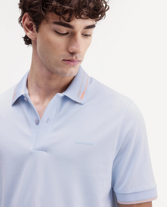 Rare Rabbit Men's Elank Light Blue Cotton Blend Spread Collar Regular Plain Polo
