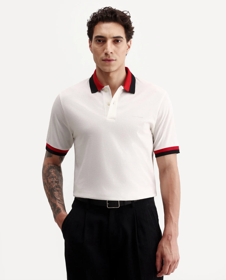 Rare Rabbit Men's Nilo White Cotton Spread Collar Button Regular Fit Plain Polo