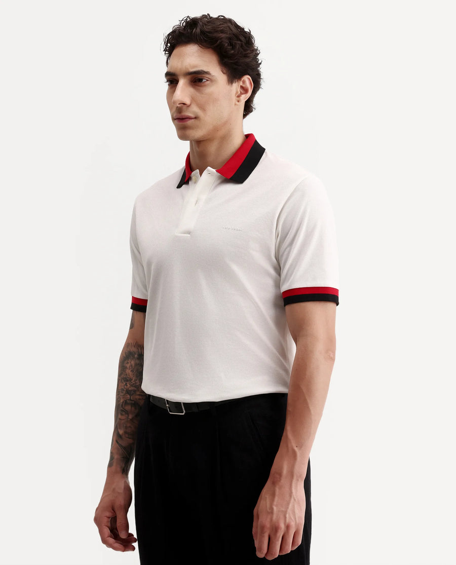 Rare Rabbit Men's Nilo White Cotton Spread Collar Button Regular Fit Plain Polo