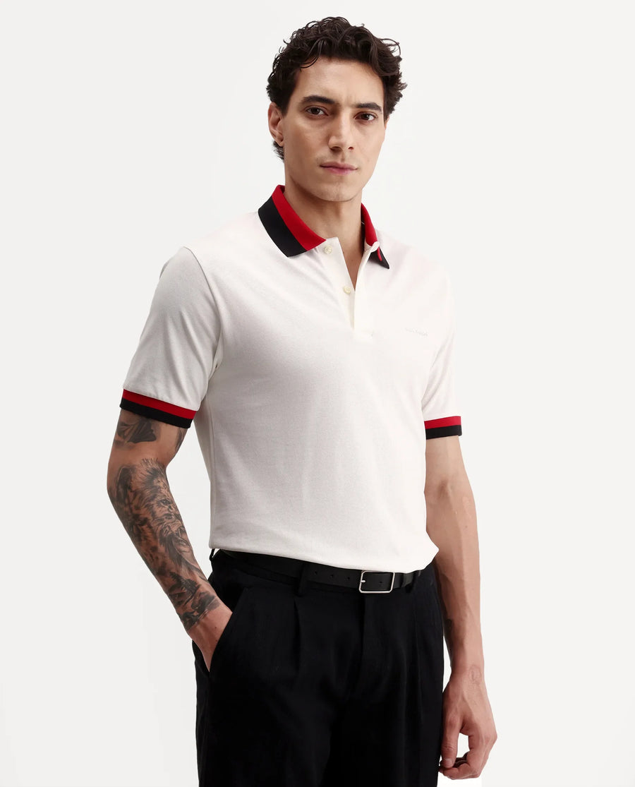 Rare Rabbit Men's Nilo White Cotton Spread Collar Button Regular Fit Plain Polo