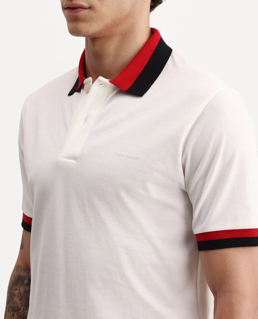 Rare Rabbit Men's Nilo White Cotton Spread Collar Button Regular Fit Plain Polo