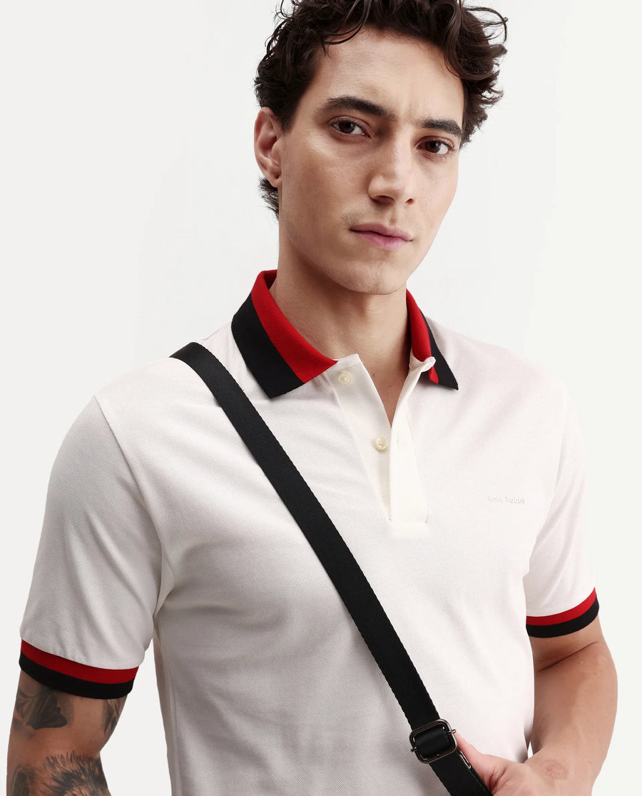 Rare Rabbit Men's Nilo White Cotton Spread Collar Button Regular Fit Plain Polo