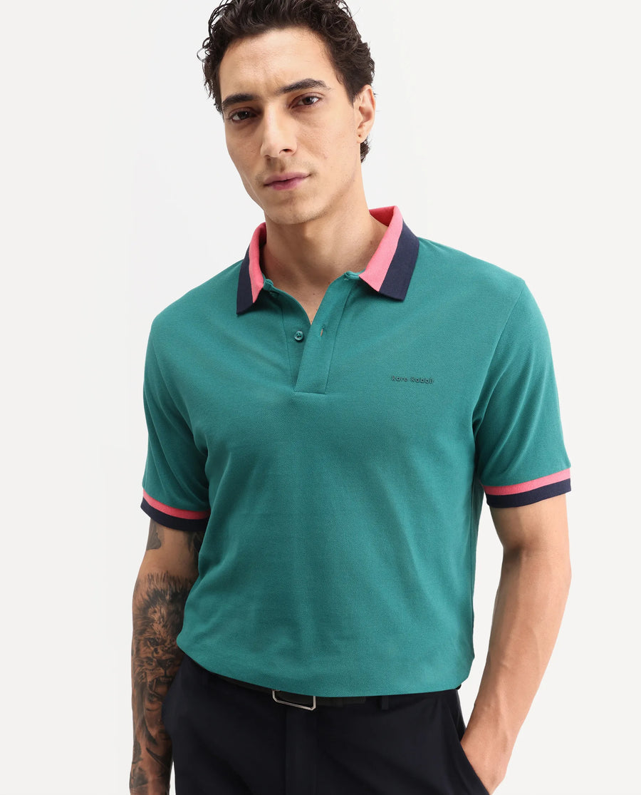 Rare Rabbit Men's Nilo Green Cotton Spread Collar Button Regular Fit Plain Polo