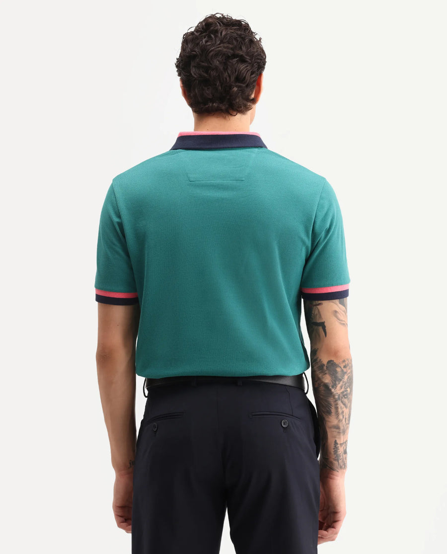 Rare Rabbit Men's Nilo Green Cotton Spread Collar Button Regular Fit Plain Polo