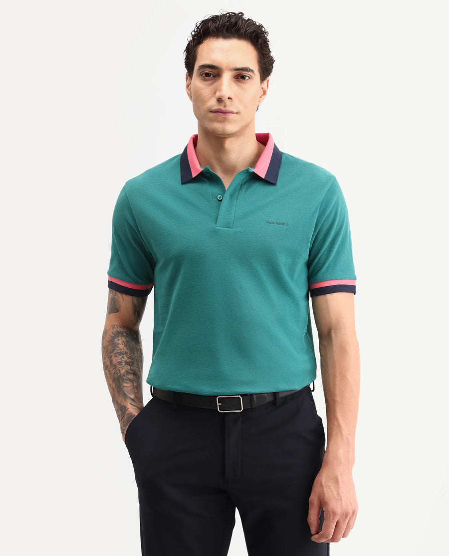 Rare Rabbit Men's Nilo Green Cotton Spread Collar Button Regular Fit Plain Polo