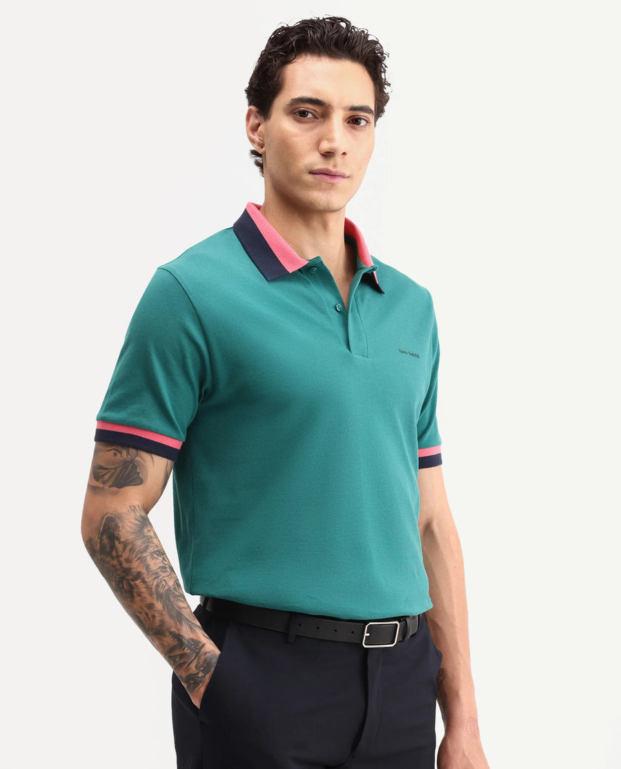 Rare Rabbit Men's Nilo Green Cotton Spread Collar Button Regular Fit Plain Polo