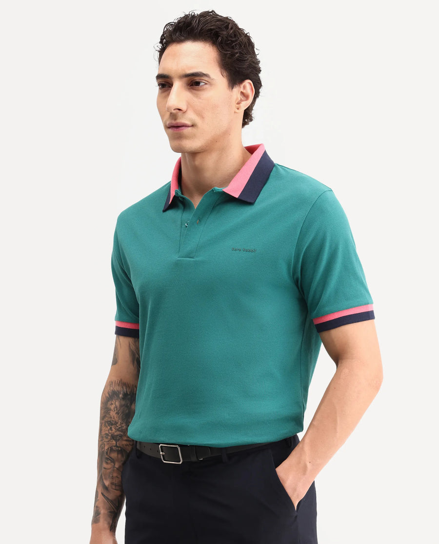 Rare Rabbit Men's Nilo Green Cotton Spread Collar Button Regular Fit Plain Polo