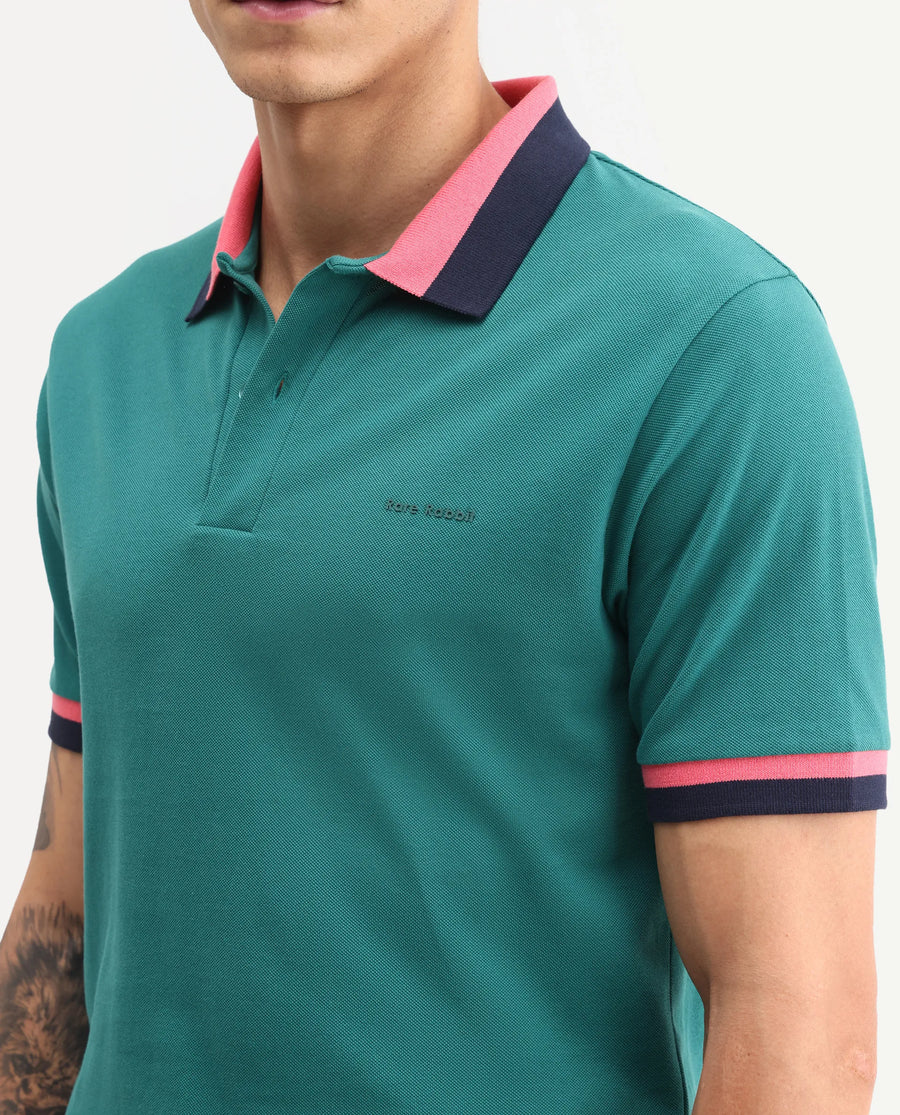 Rare Rabbit Men's Nilo Green Cotton Spread Collar Button Regular Fit Plain Polo