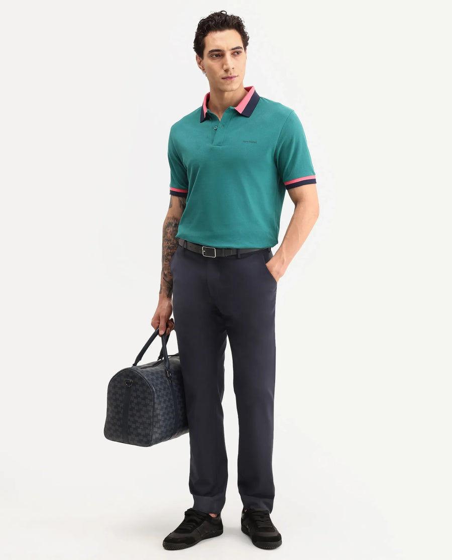 Rare Rabbit Men's Nilo Green Cotton Spread Collar Button Regular Fit Plain Polo