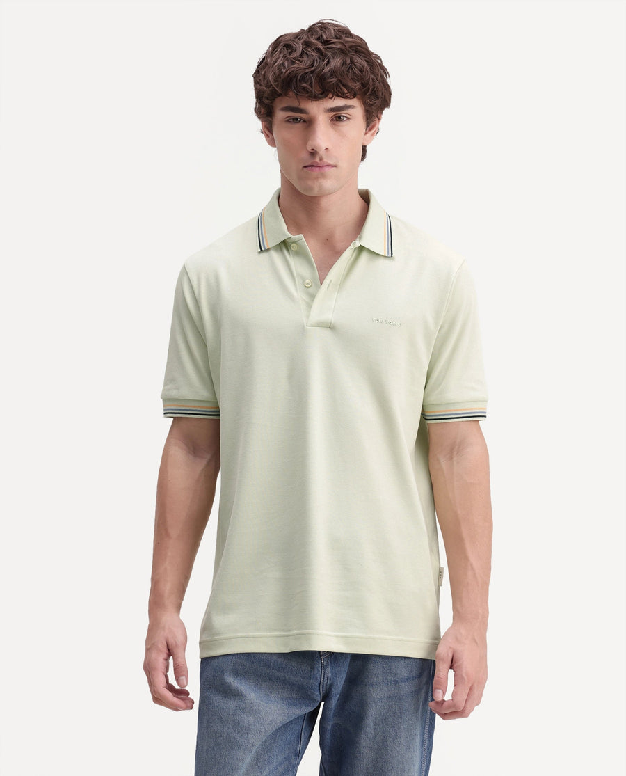 Rare Rabbit Men's Dren Fluorescent Green Cotton Blend Spread Collar Regular Plain Polo