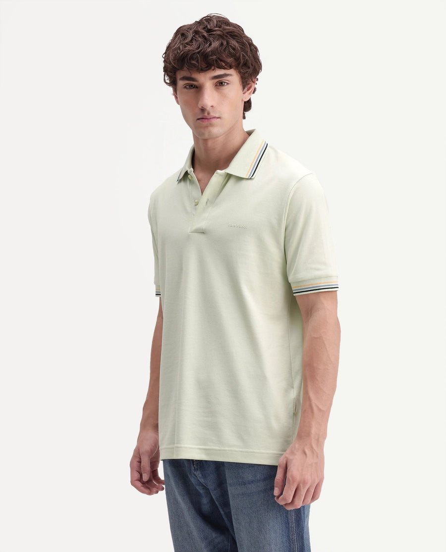 Rare Rabbit Men's Dren Fluorescent Green Cotton Blend Spread Collar Regular Plain Polo