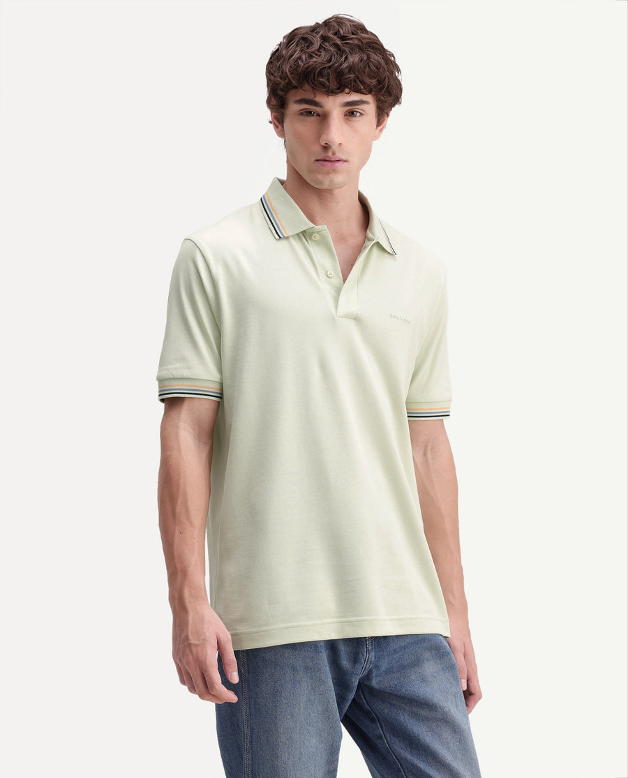 Rare Rabbit Men's Dren Fluorescent Green Cotton Blend Spread Collar Regular Plain Polo