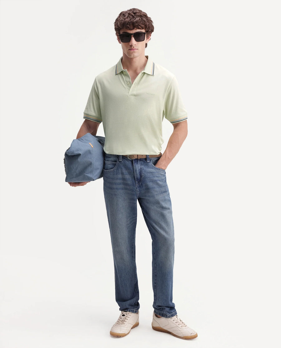 Rare Rabbit Men's Dren Fluorescent Green Cotton Blend Spread Collar Regular Plain Polo