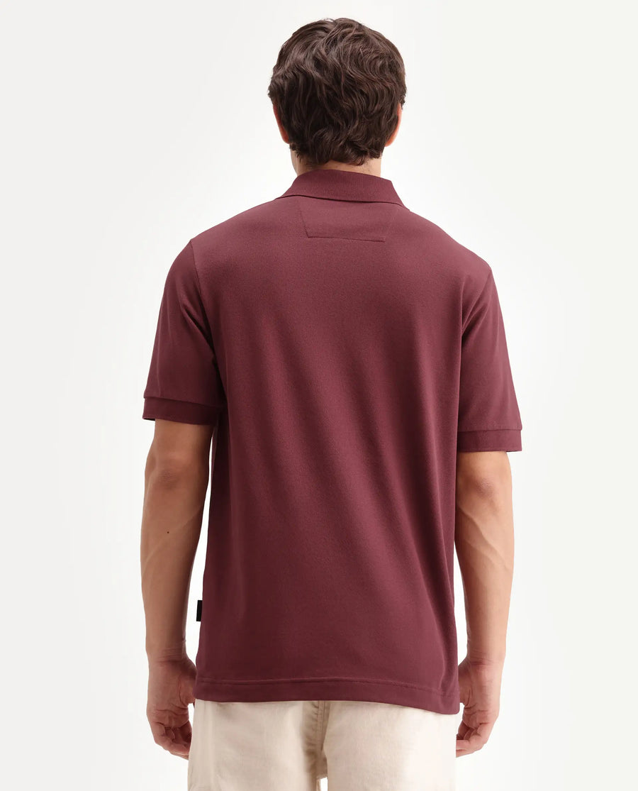 Rare Rabbit Men's Gael Maroon Cotton Blend Spread Collar Regular Plain Polo