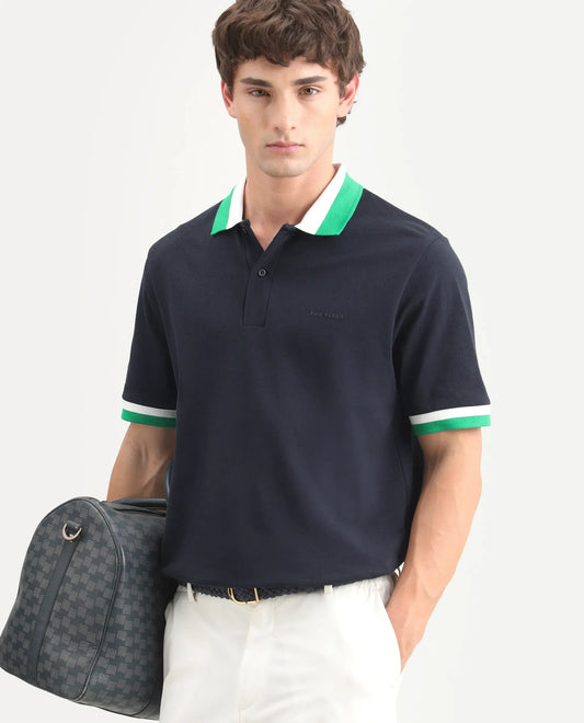 Rare Rabbit Men's Nilo Navy Cotton Spread Collar Button Regular Fit Plain Polo