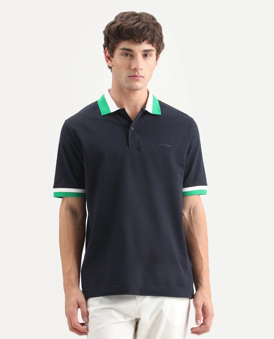 Rare Rabbit Men's Nilo Navy Cotton Spread Collar Button Regular Fit Plain Polo