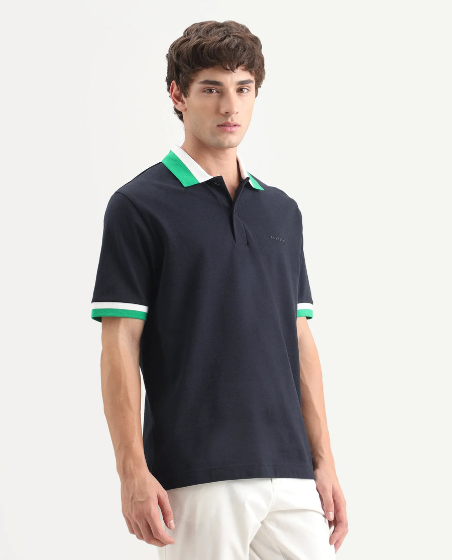 Rare Rabbit Men's Nilo Navy Cotton Spread Collar Button Regular Fit Plain Polo