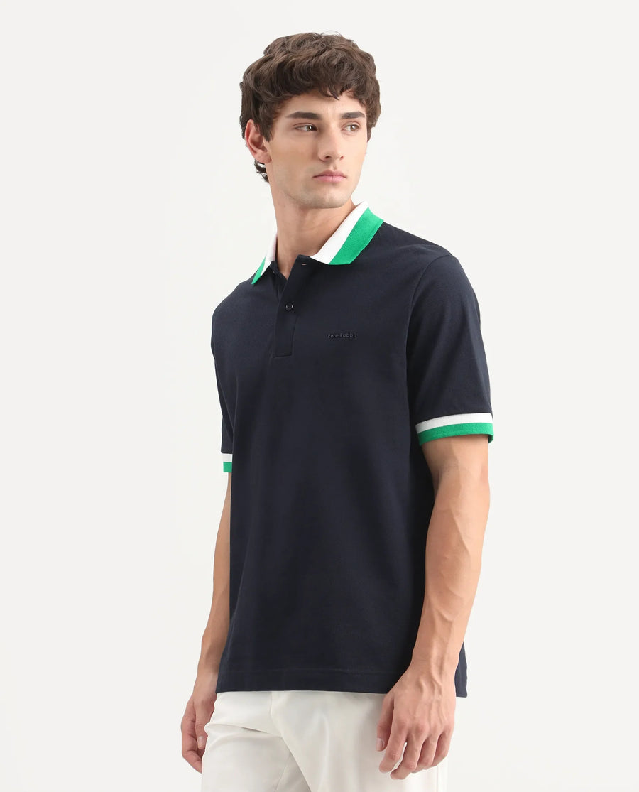 Rare Rabbit Men's Nilo Navy Cotton Spread Collar Button Regular Fit Plain Polo