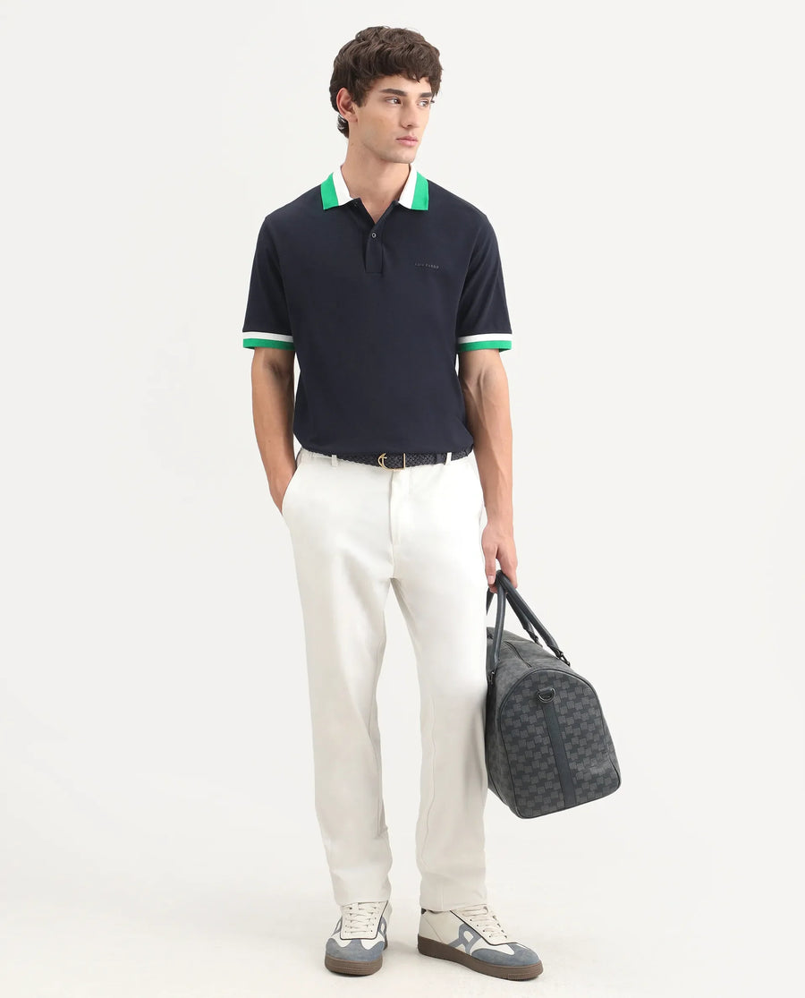 Rare Rabbit Men's Nilo Navy Cotton Spread Collar Button Regular Fit Plain Polo