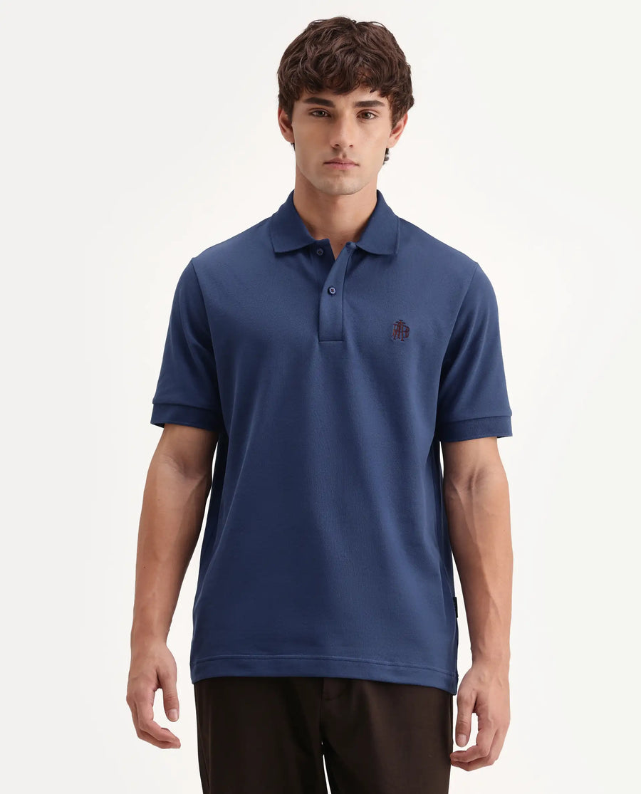 Rare Rabbit Men's Walp Dark Blue Cotton Blend Spread Collar Regular Plain Polo