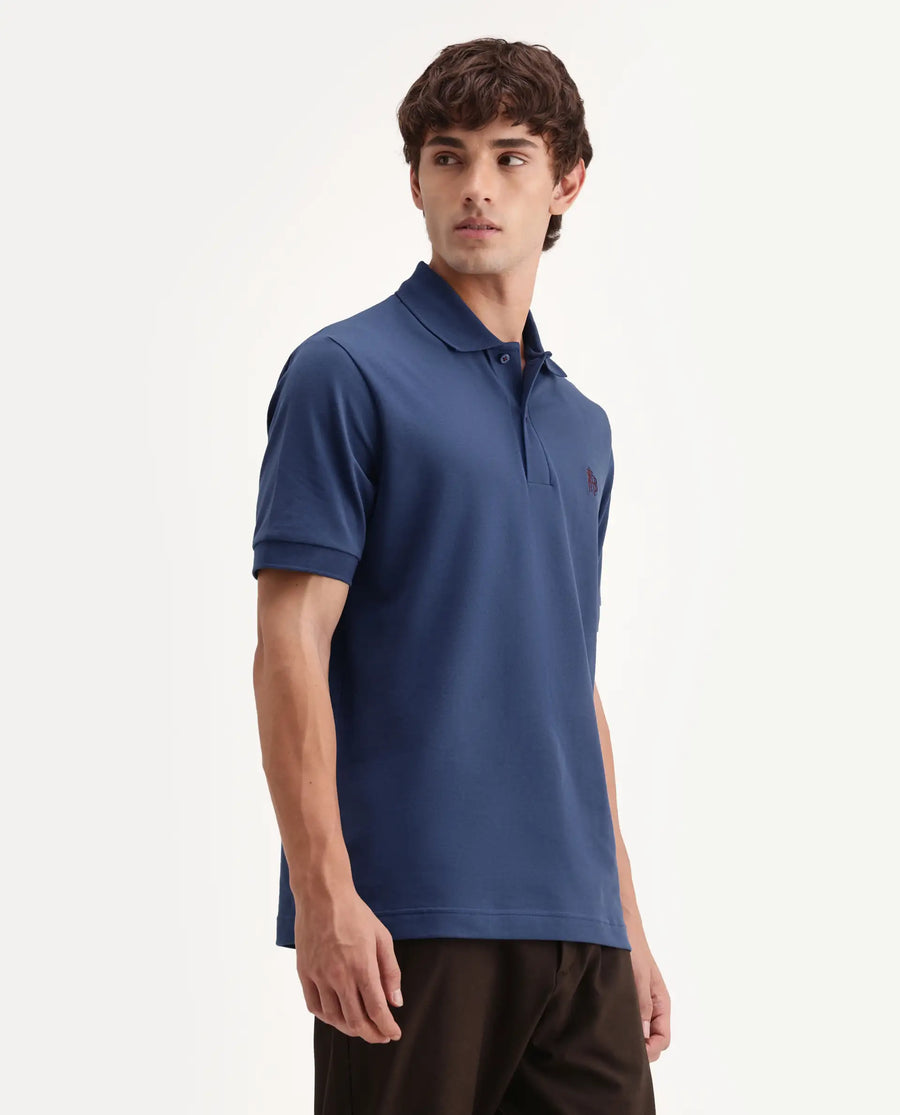 Rare Rabbit Men's Walp Dark Blue Cotton Blend Spread Collar Regular Plain Polo