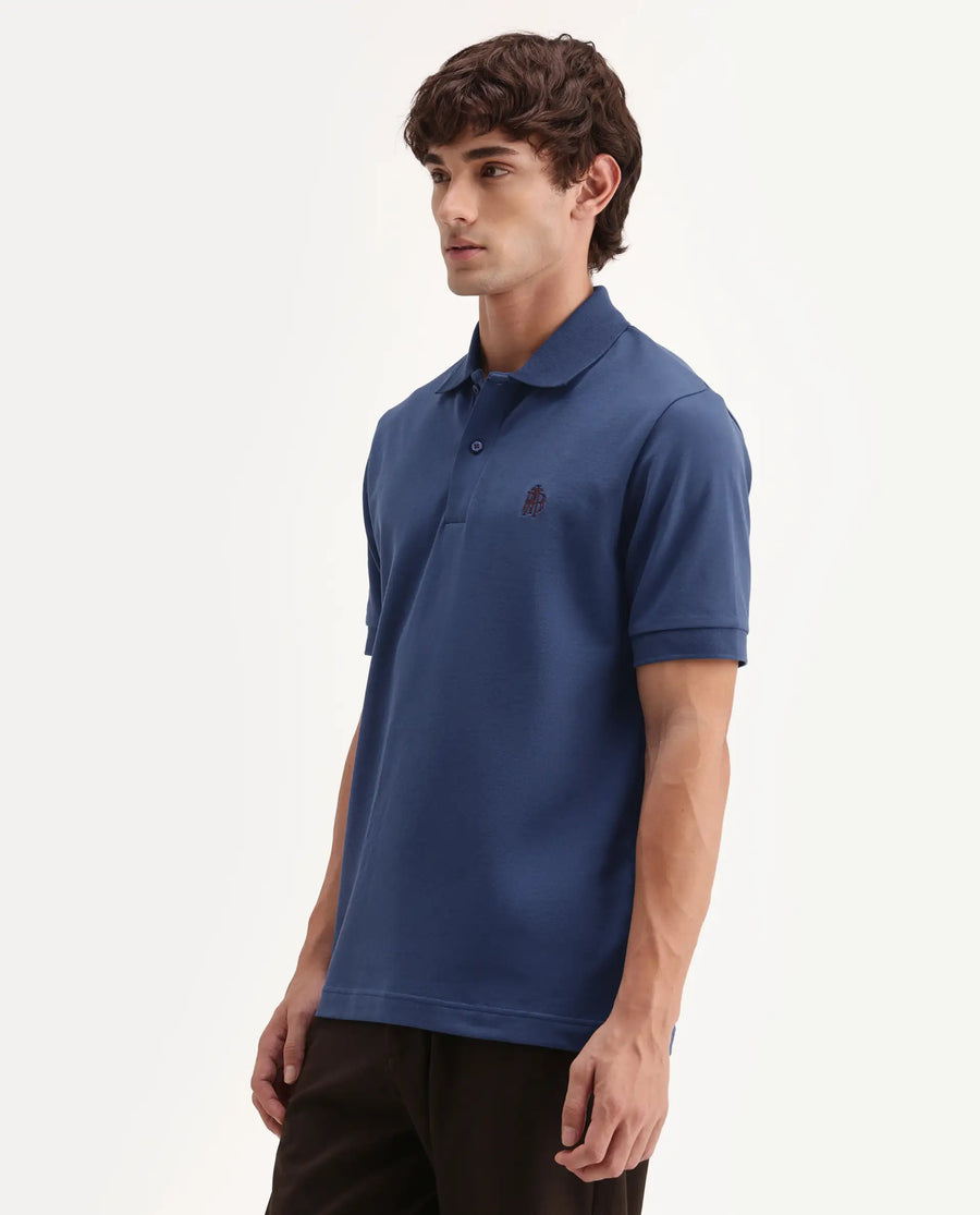 Rare Rabbit Men's Walp Dark Blue Cotton Blend Spread Collar Regular Plain Polo