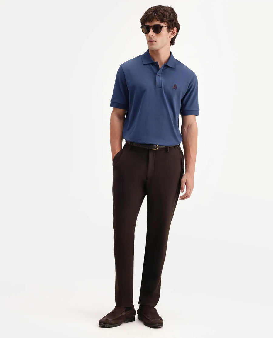 Rare Rabbit Men's Walp Dark Blue Cotton Blend Spread Collar Regular Plain Polo