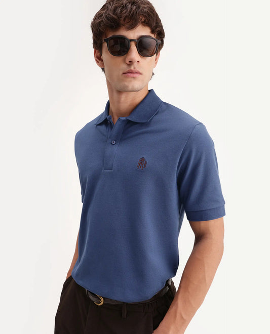Rare Rabbit Men's Walp Dark Blue Cotton Blend Spread Collar Regular Plain Polo