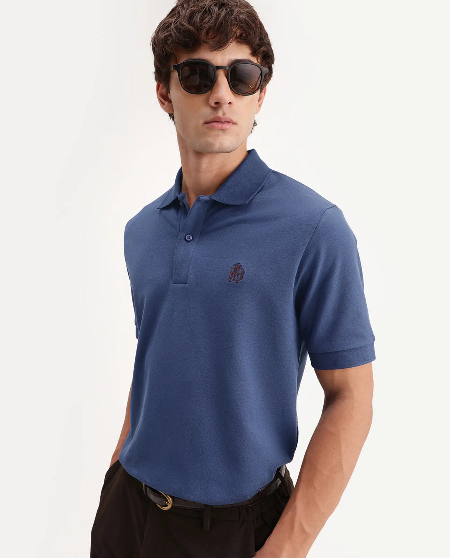 Rare Rabbit Men's Walp Dark Blue Cotton Blend Spread Collar Regular Plain Polo