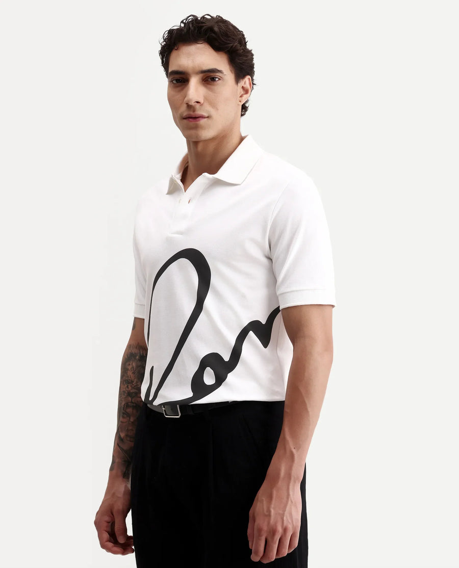 Rare Rabbit Men's Jefra White Cotton Blend Regular Fit Half Sleeves Graphic Print Polo