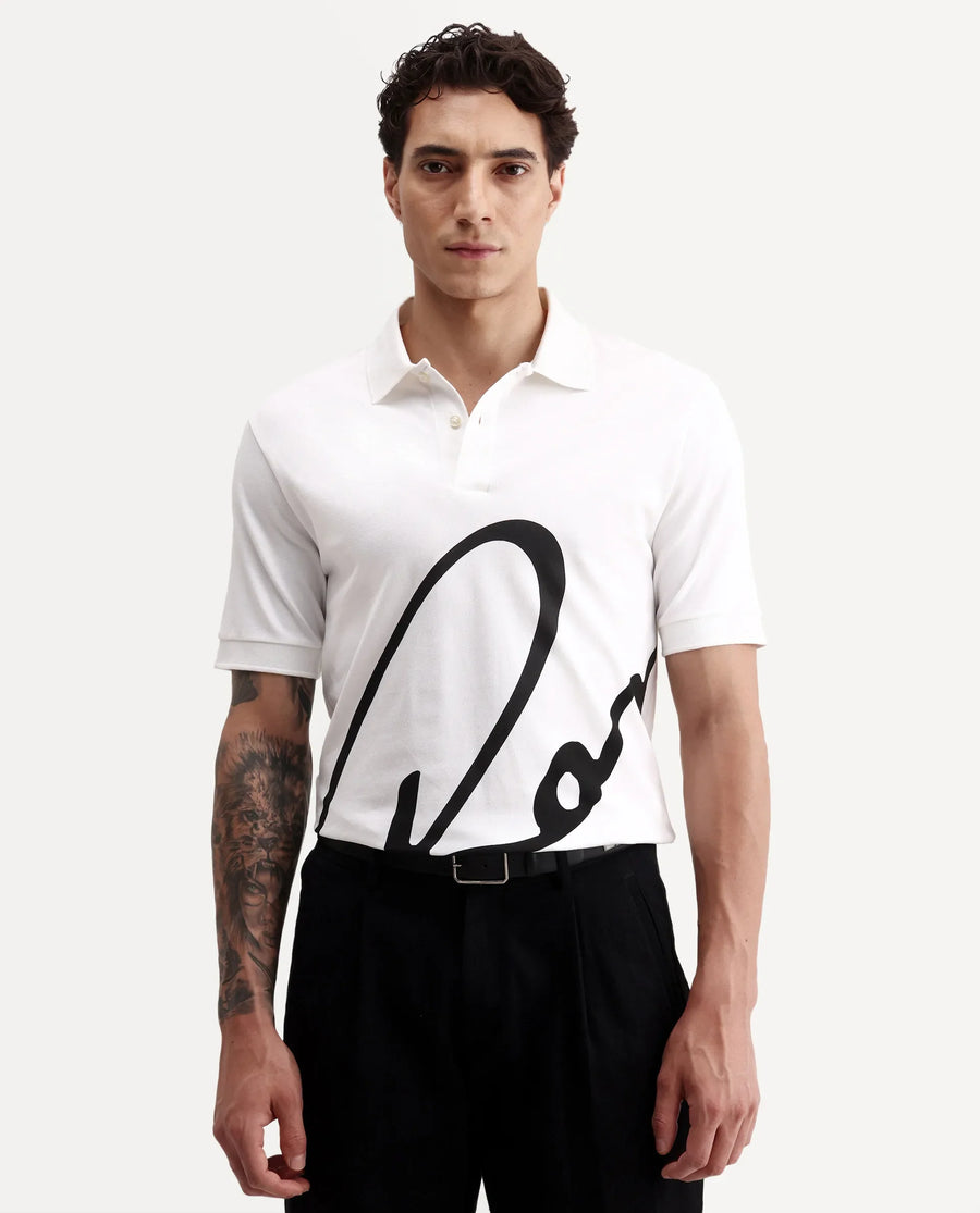 Rare Rabbit Men's Jefra White Cotton Blend Regular Fit Half Sleeves Graphic Print Polo