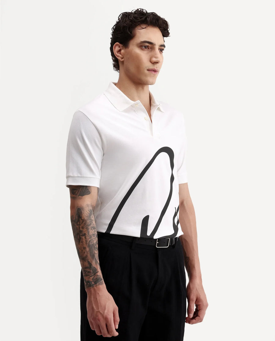 Rare Rabbit Men's Jefra White Cotton Blend Regular Fit Half Sleeves Graphic Print Polo